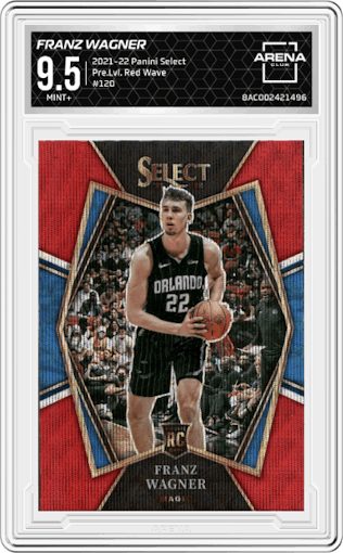 Franz Wagner from the 2021-22 Panini Select set featuring a Red Wave parallel graded by Arena Club and given an overall grade of 9.5.