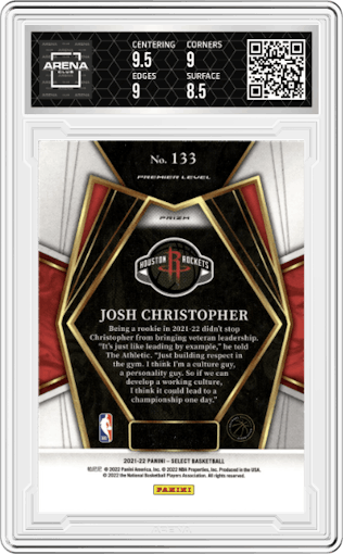 Josh Christopher from the 2021-22 Panini Select set featuring a Gold Wave parallel graded by Arena Club and given an overall grade of 9.