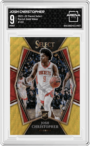 Josh Christopher from the 2021-22 Panini Select set featuring a Gold Wave parallel graded by Arena Club and given an overall grade of 9.