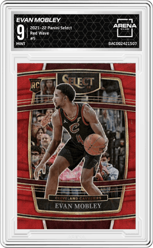 Evan Mobley from the 2021-22 Panini Select set featuring a Red Wave parallel graded by Arena Club and given an overall grade of 9.