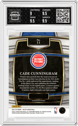 Cade Cunningham from the 2021-22 Panini Select set graded by Arena Club and given an overall grade of 9.5.