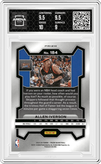 Allen Iverson from the 2023-24 Panini Prizm set featuring a Red Sparkle parallel graded by Arena Club and given an overall grade of 9.5.
