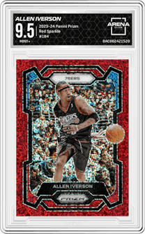 Allen Iverson from the 2023-24 Panini Prizm set featuring a Red Sparkle parallel graded by Arena Club and given an overall grade of 9.5.