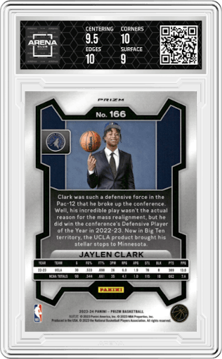 Jaylen Clark from the 2023-24 Panini Prizm set featuring a Red Sparkle parallel graded by Arena Club and given an overall grade of 9.5.