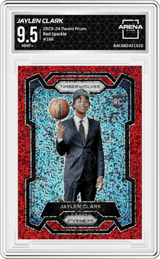 Jaylen Clark from the 2023-24 Panini Prizm set featuring a Red Sparkle parallel graded by Arena Club and given an overall grade of 9.5.