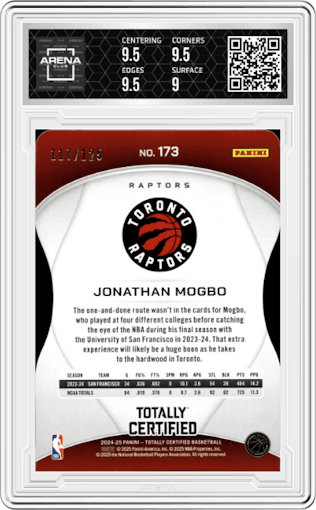 Jonathan Mogbo from the 2024-25 Panini Totally Certified set featuring a Pink Die Cut Platinum Mirror parallel graded by Arena Club and given an overall grade of 9.5.