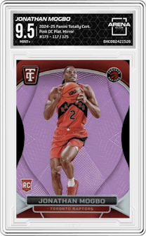 Jonathan Mogbo from the 2024-25 Panini Totally Certified set featuring a Pink Die Cut Platinum Mirror parallel graded by Arena Club and given an overall grade of 9.5.