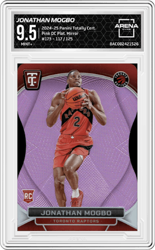 Jonathan Mogbo from the 2024-25 Panini Totally Certified set featuring a Pink Die Cut Platinum Mirror parallel graded by Arena Club and given an overall grade of 9.5.
