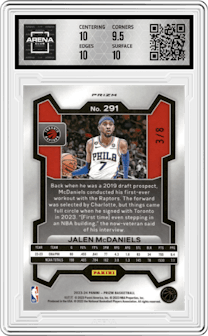 Jalen McDaniels from the 2023-24 Panini Prizm set featuring a Green Sparkle parallel graded by Arena Club and given an overall grade of 10.