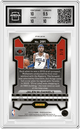 Jalen McDaniels from the 2023-24 Panini Prizm set featuring a Green Sparkle parallel graded by Arena Club and given an overall grade of 10.