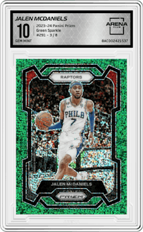 Jalen McDaniels from the 2023-24 Panini Prizm set featuring a Green Sparkle parallel graded by Arena Club and given an overall grade of 10.