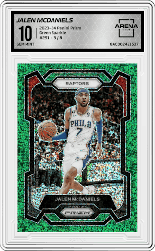 Jalen McDaniels from the 2023-24 Panini Prizm set featuring a Green Sparkle parallel graded by Arena Club and given an overall grade of 10.