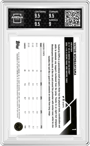 Victor Wembanyama from the 2023-24 Topps Chrome set graded by Arena Club and given an overall grade of 9.5.