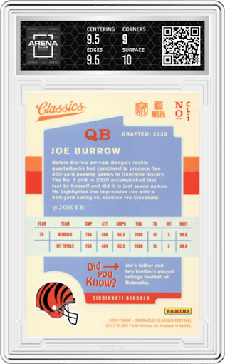 Joe Burrow from the 2020 Panini Chronicles set graded by Arena Club and given an overall grade of 9.5.