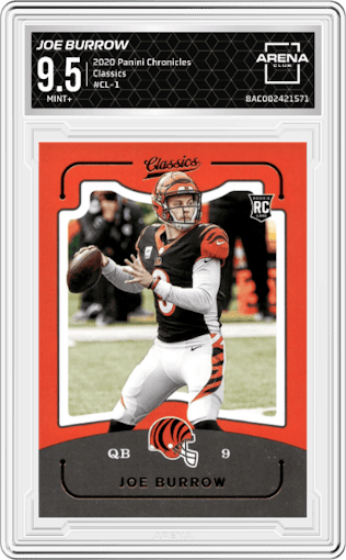 Joe Burrow from the 2020 Panini Chronicles set graded by Arena Club and given an overall grade of 9.5.