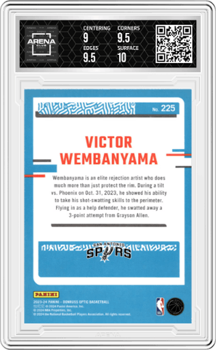 Victor Wembanyama from the 2023-24 Donruss Optic set graded by Arena Club and given an overall grade of 9.5.