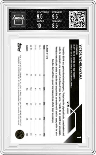 Victor Wembanyama from the 2023-24 Topps Chrome set graded by Arena Club and given an overall grade of 9.