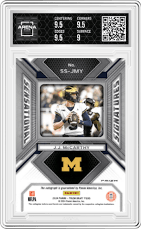 J.J. McCarthy from the 2024 Panini Prizm Draft Picks set featuring a Silver parallel graded by Arena Club and given an overall grade of 9.5.