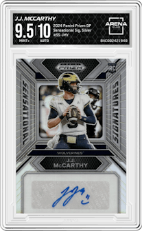 J.J. McCarthy from the 2024 Panini Prizm Draft Picks set featuring a Silver parallel graded by Arena Club and given an overall grade of 9.5.