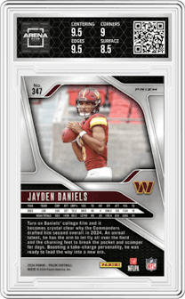 Jayden Daniels from the 2024 Panini Prizm set featuring a Silver Prizm parallel graded by Arena Club and given an overall grade of 9.