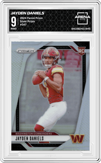 Jayden Daniels from the 2024 Panini Prizm set featuring a Silver Prizm parallel graded by Arena Club and given an overall grade of 9.