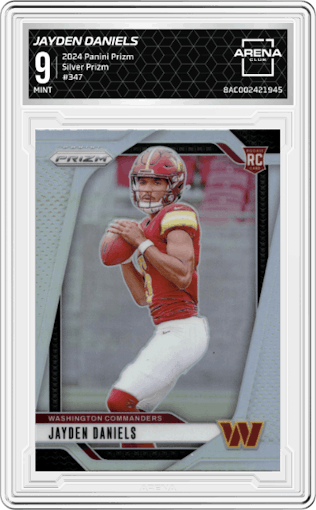 Jayden Daniels from the 2024 Panini Prizm set featuring a Silver Prizm parallel graded by Arena Club and given an overall grade of 9.