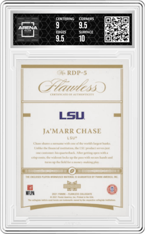 Ja'Marr Chase from the 2021 Panini Flawless Collegiate set featuring a Ruby parallel and given an overall grade of 9.5.