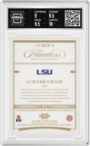 Ja'Marr Chase from the 2021 Panini Flawless Collegiate set featuring a Ruby parallel graded by Arena Club and given an overall grade of 9.5.