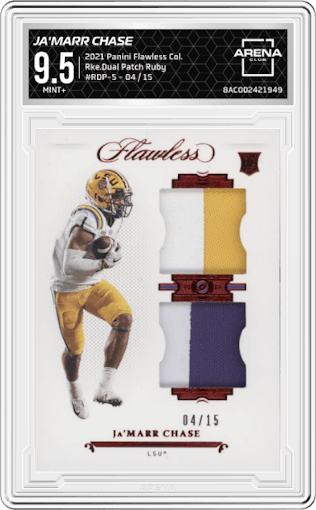 Ja'Marr Chase from the 2021 Panini Flawless Collegiate set featuring a Ruby parallel graded by Arena Club and given an overall grade of 9.5.