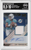 Tua Tagovailoa from the 2020 Panini XR set featuring a Blue parallel graded by Arena Club and given an overall grade of 8.5.