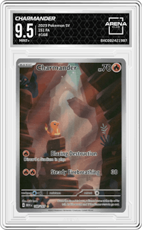 Charmander from the 2023 Pokemon SV set graded by Arena Club and given an overall grade of 9.5.