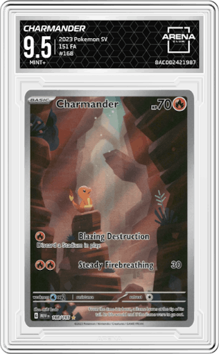 Charmander from the 2023 Pokemon SV set graded by Arena Club and given an overall grade of 9.5.