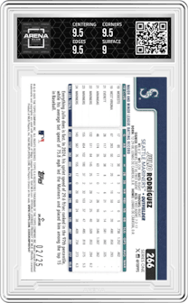Julio Rodriguez from the 2025 Topps set featuring a Wood parallel graded by Arena Club and given an overall grade of 9.5.