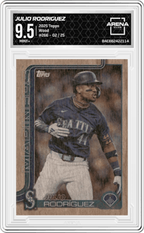 Julio Rodriguez from the 2025 Topps set featuring a Wood parallel graded by Arena Club and given an overall grade of 9.5.
