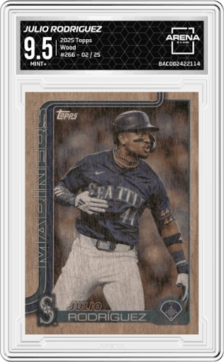 Julio Rodriguez from the 2025 Topps set featuring a Wood parallel graded by Arena Club and given an overall grade of 9.5.