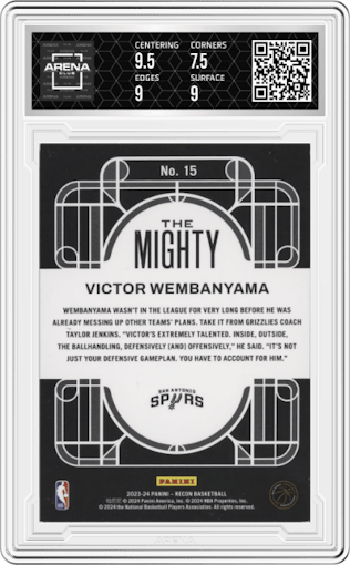 Victor Wembanyama from the 2023-24 Panini Recon set featuring a Purple parallel graded by Arena Club and given an overall grade of 8.
