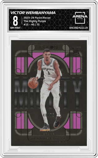 Victor Wembanyama from the 2023-24 Panini Recon set featuring a Purple parallel graded by Arena Club and given an overall grade of 8.