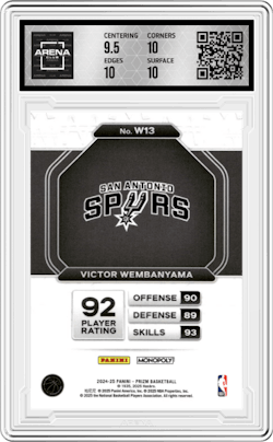 Victor Wembanyama from the 2024-25 Panini Prizm Monopoly set and given an overall grade of 10.