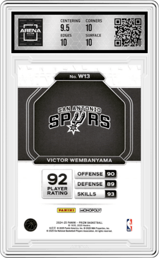 Victor Wembanyama from the 2024-25 Panini Prizm Monopoly set graded by Arena Club and given an overall grade of 10.