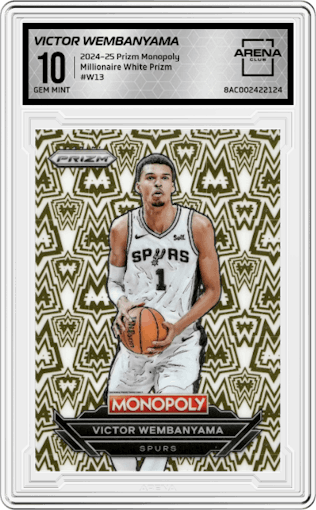 Victor Wembanyama from the 2024-25 Panini Prizm Monopoly set graded by Arena Club and given an overall grade of 10.