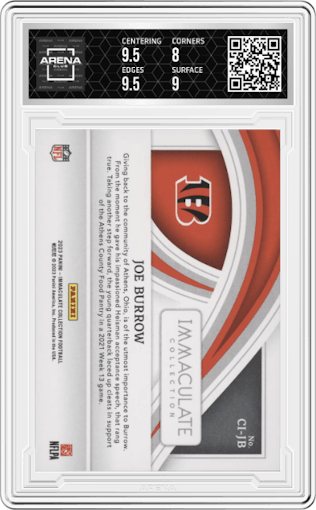 Joe Burrow from the 2023 Panini Immaculate Collection  set graded by Arena Club and given an overall grade of 8.5.
