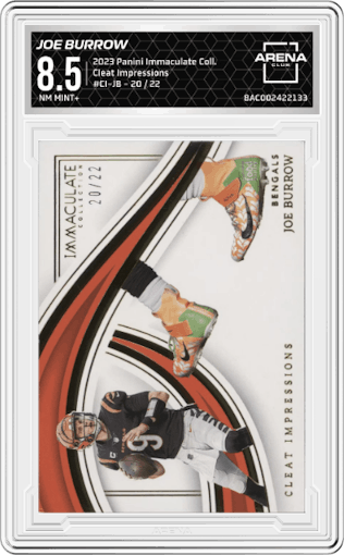 Joe Burrow from the 2023 Panini Immaculate Collection  set graded by Arena Club and given an overall grade of 8.5.