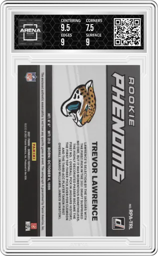 Trevor Lawrence from the 2021 Panini Donruss set graded by Arena Club and given an overall grade of 8.