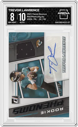 Trevor Lawrence from the 2021 Panini Donruss set graded by Arena Club and given an overall grade of 8.