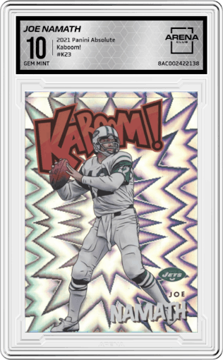 Joe Namath from the 2021 Panini Absolute set graded by Arena Club and given an overall grade of 10.