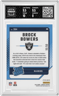 Brock Bowers from the 2024 Donruss set featuring a Purple parallel graded by Arena Club and given an overall grade of 8.5.