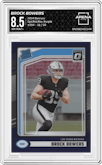 Brock Bowers from the 2024 Donruss set featuring a Purple parallel graded by Arena Club and given an overall grade of 8.5.
