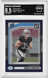 Brock Bowers from the 2024 Donruss set featuring a Purple parallel graded by Arena Club and given an overall grade of 8.5.