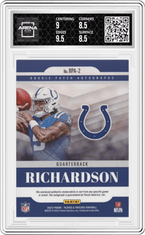 Anthony Richardson from the 2023 Panini Plates & Patches set graded by Arena Club and given an overall grade of 9.