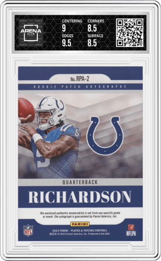 Anthony Richardson from the 2023 Panini Plates & Patches set graded by Arena Club and given an overall grade of 9.